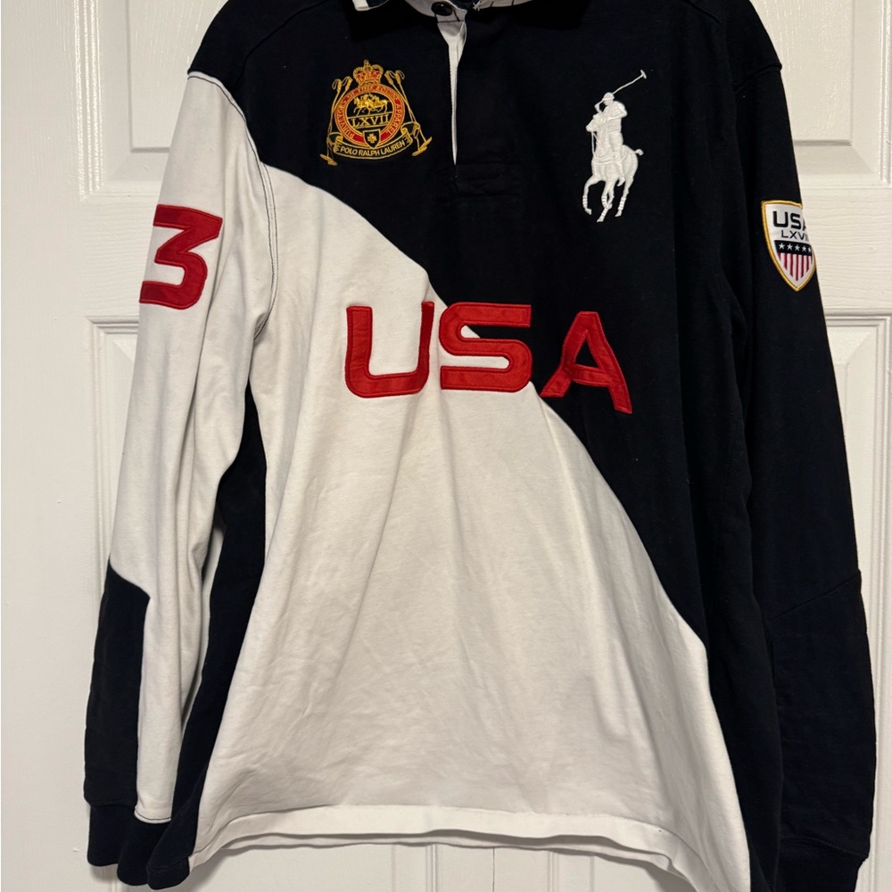 Polo Ralph Lauren Black and White Rugby Shirt with Gold Embroidery